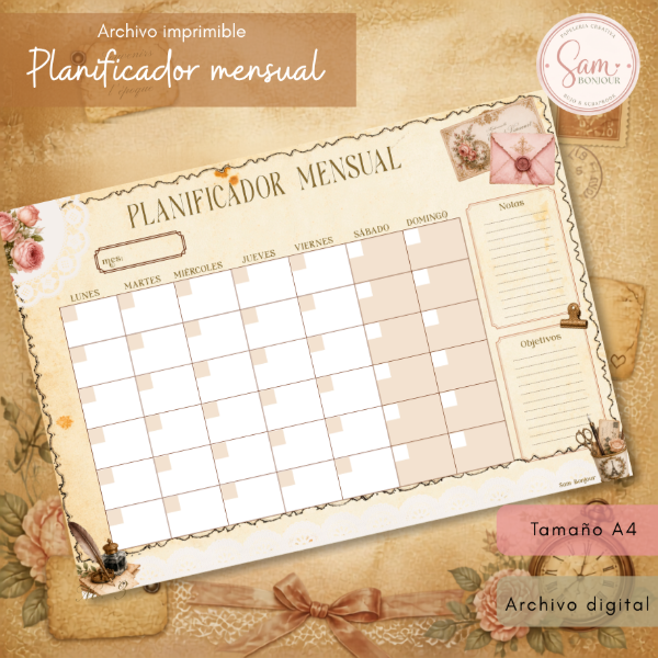 Producto - Archivo imprimible: Planner mensual vintage