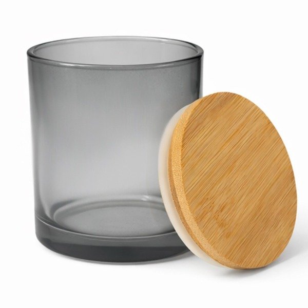 Producto - Frasco Vaso de Vidrio Fume con tapa de Bambú y silicona 300ml