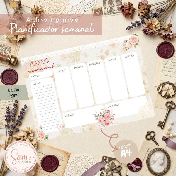 Producto - Archivo digital: Planner Semanal Rosas