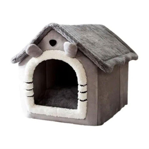 Producto - Cama Cucha Cerrada  Forma Casa Para Mascotas Pequeñas Gris