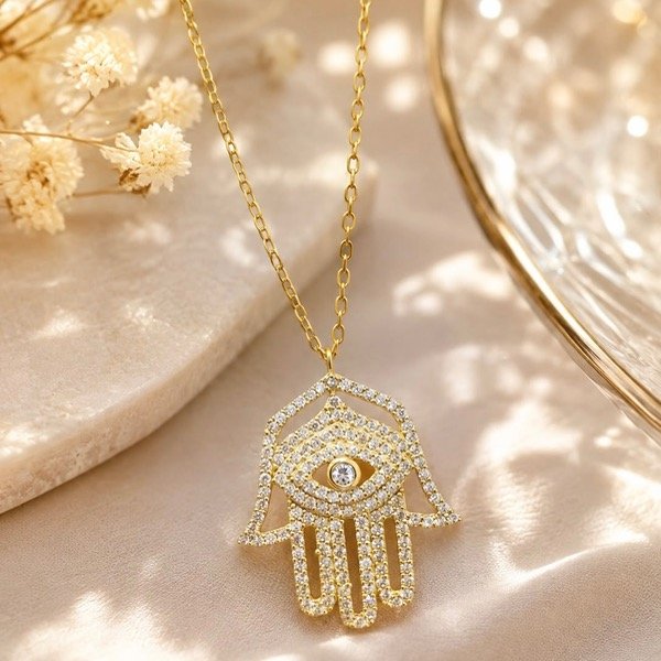 Producto - Collar Mano de Fátima con cubic en Plata 925 Dorado - 0