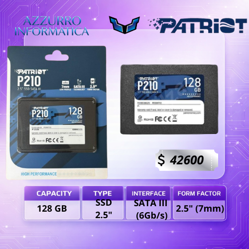 Producto - Memoria SSD Patriot P210 128GB SATA III 2.5" Interno 500MB/s para Notebook