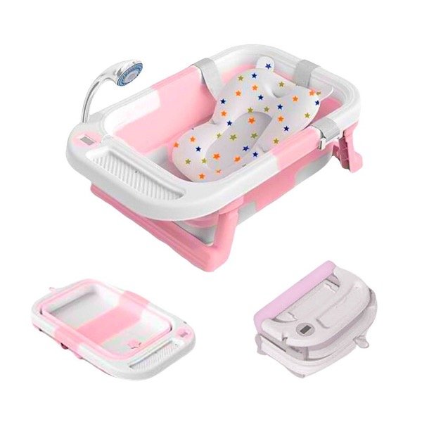 Producto - Bañera plegable rosa con control de temperatura y red acolchada
