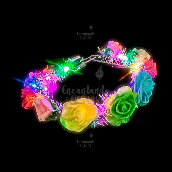 Producto - Corona de Rosas y Flecos Multicolor con Luz x1