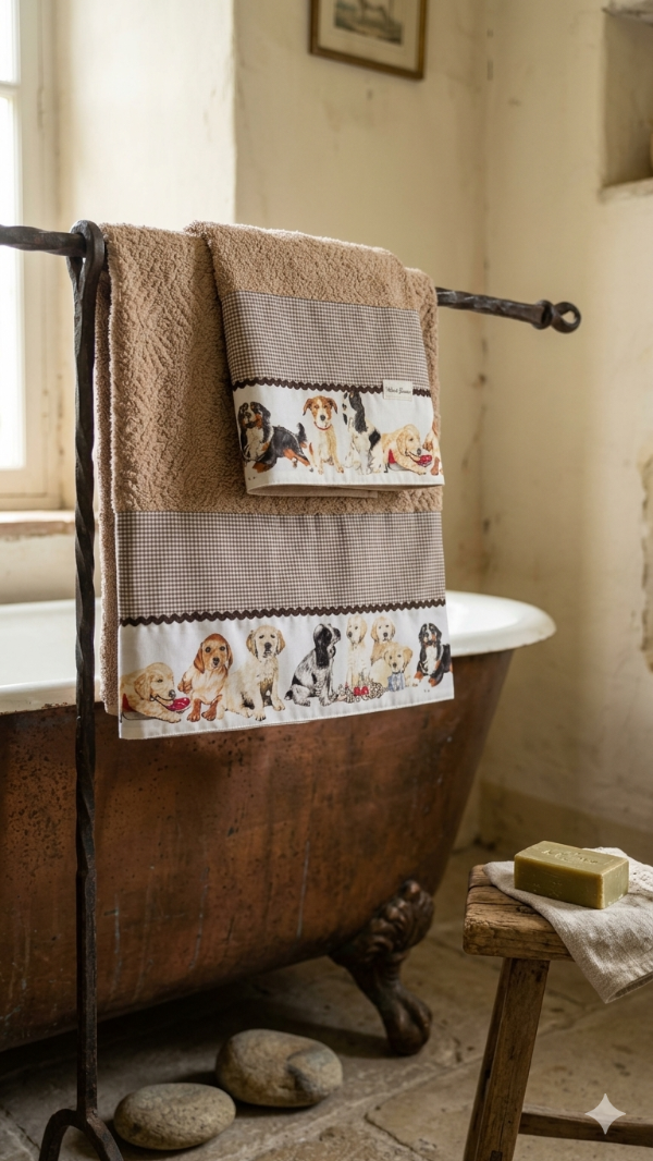 Producto - JUEGO DE TOALLA Y TOALLON CON IMAGEN DE PERRITOS "PERRITOS VICHY"