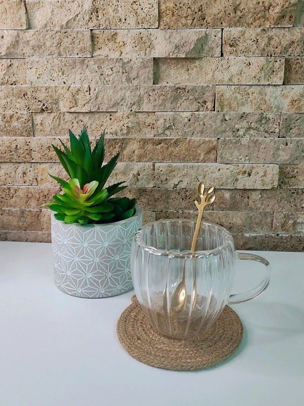 Producto - Taza doble vidrio 200ml ranurada con cucharita de regalo