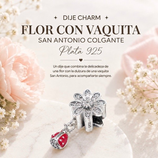 Producto - Dije/charm Flor con vaquita san Antonio en Plata 925