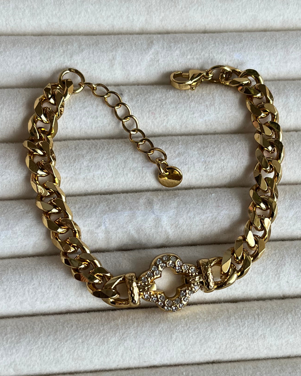 Producto - Pulsera flor VC calada con cubic de acero dorado 17-20cm