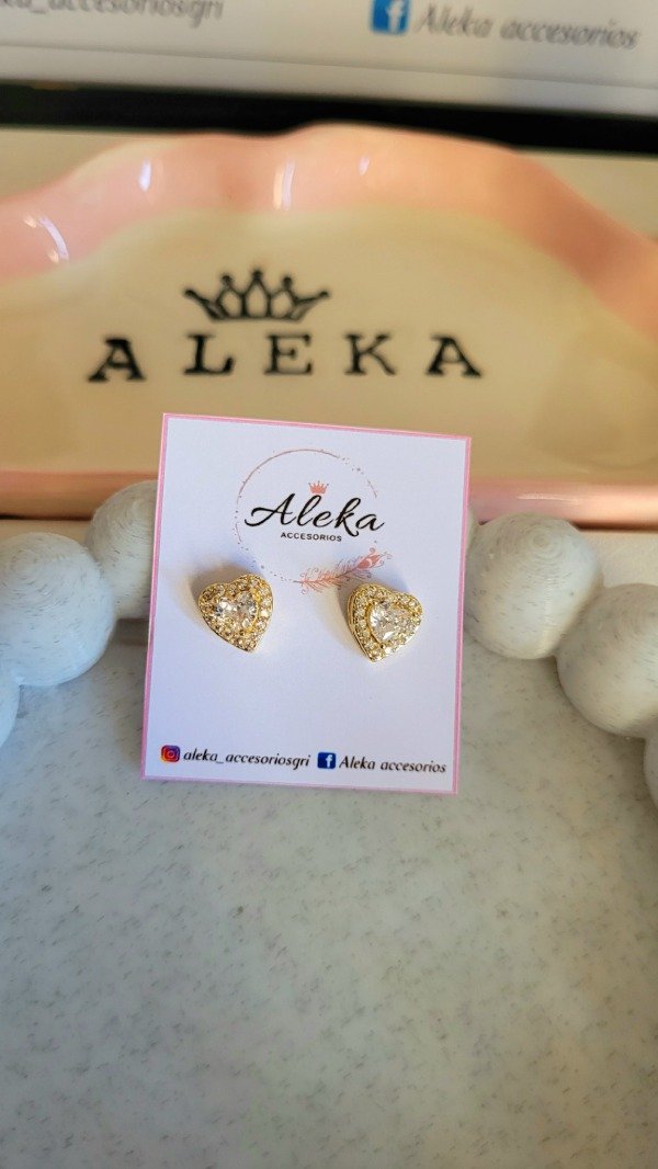 Producto - Conjunto collar y aros corazón con cubic y micropavé  de acero dorado - 5