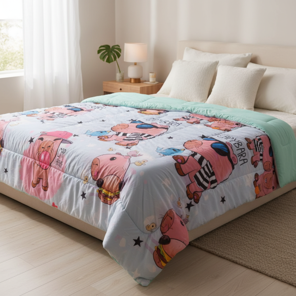 Producto - Acolchado "Capibaras" de 1 1/2 plazas Reversible a liso color Verde Agua