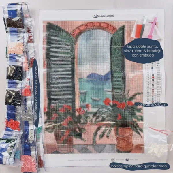 Producto - Diamond Painting - VENTANA ABIERTA - Canvas 35x45cm + materiales