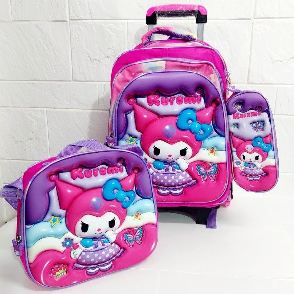 Producto - Mochila 3 piezas con carrito 3 ruedas Kuromi rosa