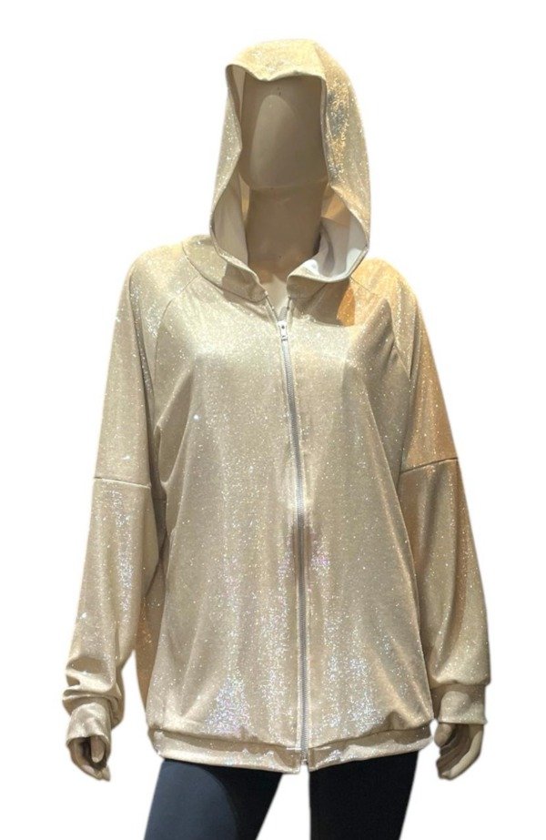 Producto - Campera Glitter Media Estacion Liviana Amplia 130 cm contorno -  Dorada