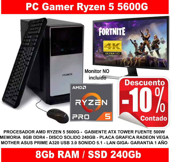 PC GAMER AMD RYZEN 5 5600G 8Gb + SSD240 - Xp Informatica La Plata