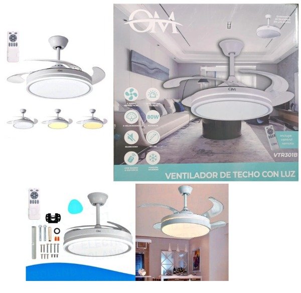 Producto - VENTILADOR TECHO OM VTR301BL RETRÁCTIL LUZ CÁLIDA FRÍA - BLANCO