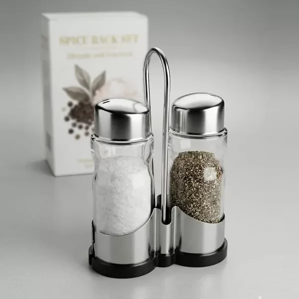 Producto - SET DE SALERO Y PIMENTERO CON SOPORTE DE METAL THE KITCHEN EN CAJA - 0