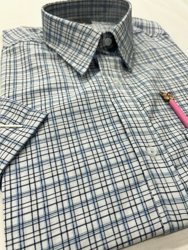 Producto - Camisa Manga Corta de Cuadros mini Celeste con negro