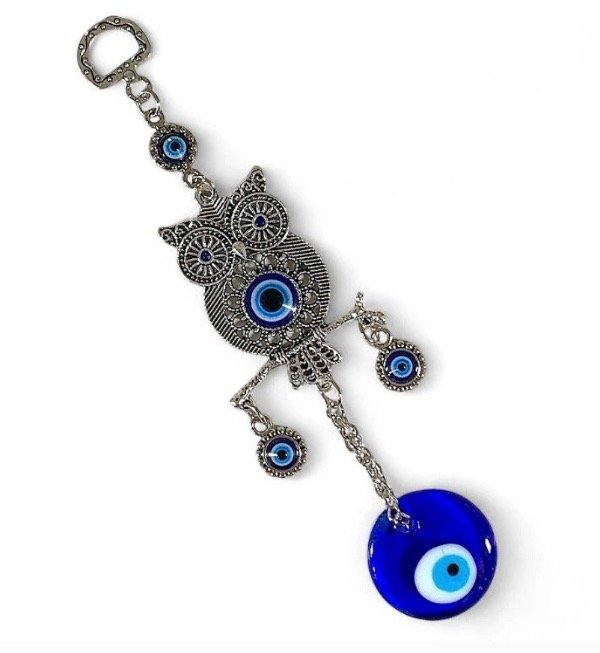 Producto - Colgante lechuza sobre rama con ojo turco metal 18cm