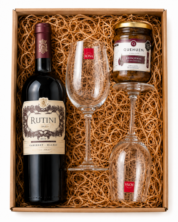 Producto - Caja de Regalo Rutini Cabernet Malbec + 2 Copas y Delicatessen - 0