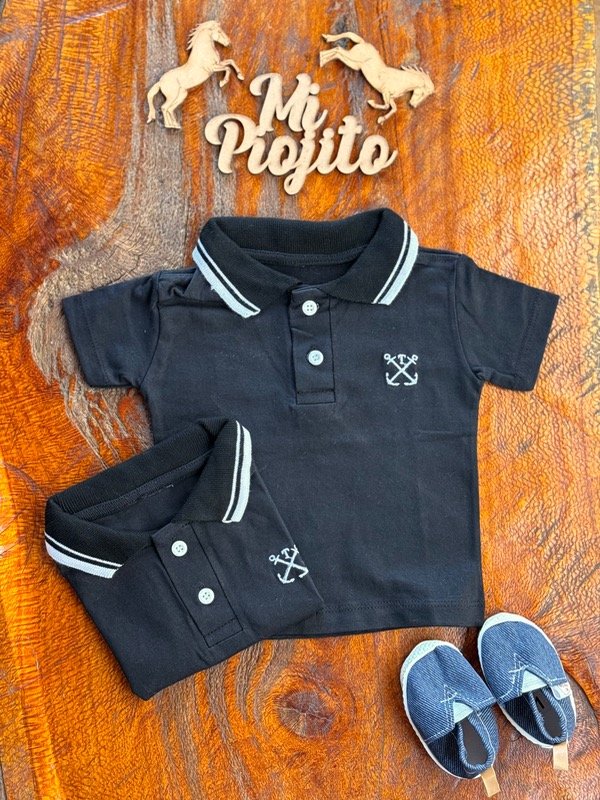 Producto - Chomba Bebé Negro Cuello Tejido Algodón