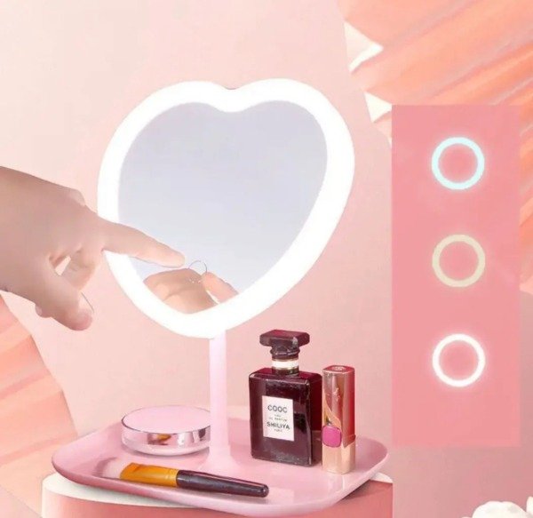 Producto - Espejo corazón, luz led fría, cálida y combinada. Carga USB