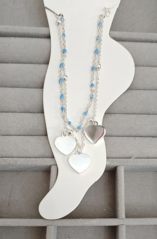 Producto - Tobillera doble cadena piedras turquesa, bolitas y corazones