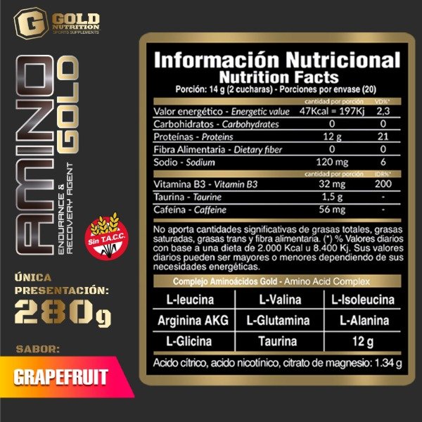 Producto - Amino Gold 280 grs / 20 Serv Grape Fruit Gold Nutriton Sin Tacc - 1