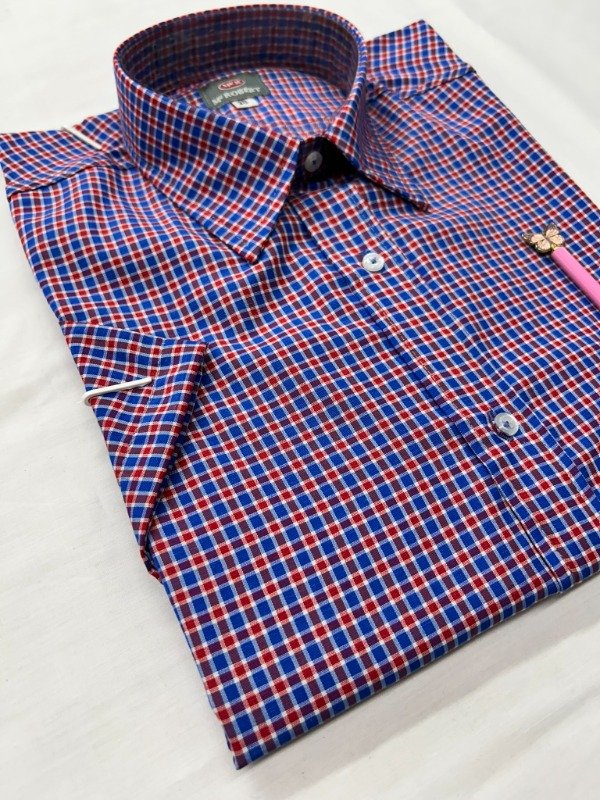 Producto - Camisa Manga Corta de Cuadros mini Rojos y Azul Francia