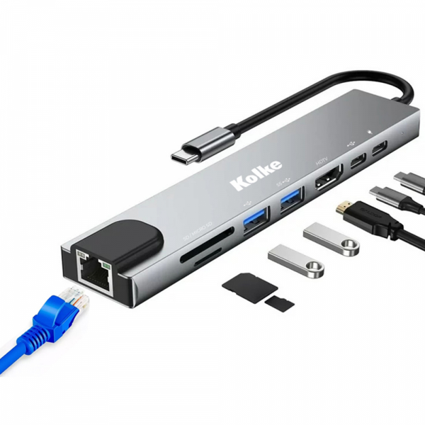 Producto - Hub type C -1x usb 3.0 + 1x usb 2.0 + 1 type-C carga PD 90W + 1x RJ45 + card rea