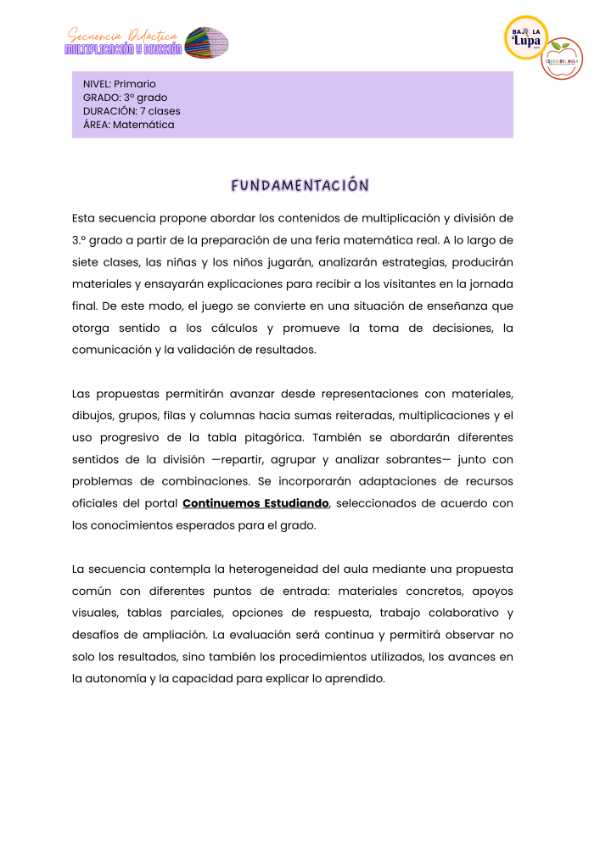 Producto - Multiplicación y división - Secuencia + Cuadernillo de adaptaciones - 3 grado - 2
