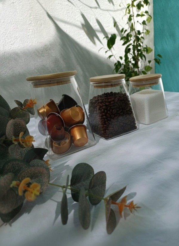 Producto - Set x3 frascos de vidrio con tapa hermetica de bamboo