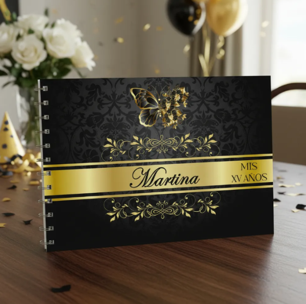 Producto - Kit Imprimible Libro De Firmas Mis 15 años - MARIPOSA NEGRO Y DORADO