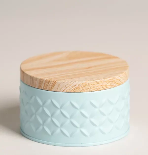 Producto - Lata tapa tipo madera base celeste 10x6 cm