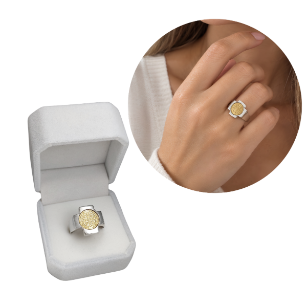 Producto - Anillo Cruz del equilibrio y San Benito Plata y Oro - 0