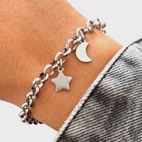Producto - Pulsera de acero quirúrgico - Rolo 5mm - Luna - Estrella