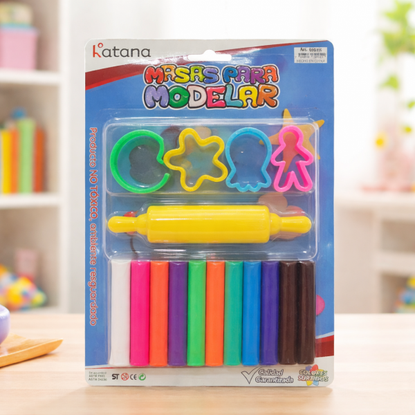 Producto - Masa para Modelar x12 Colores + 4 Moldes+ Palo Amasar 7071