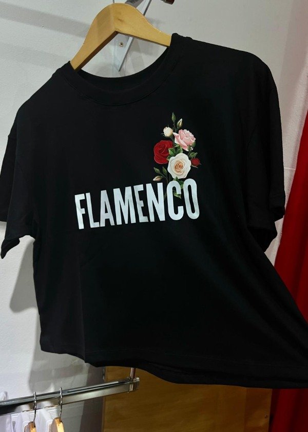 Producto - Remera Crop Flamenco y Ramo de rosas Negra Talle S