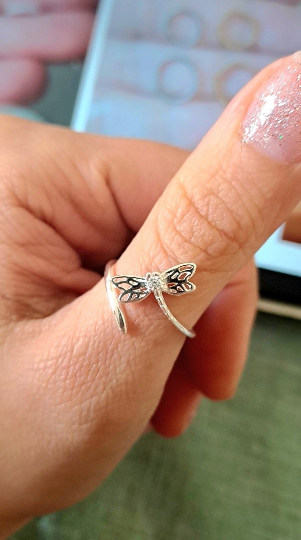 Producto - Anillo de Plata Regulable libelula con Strass