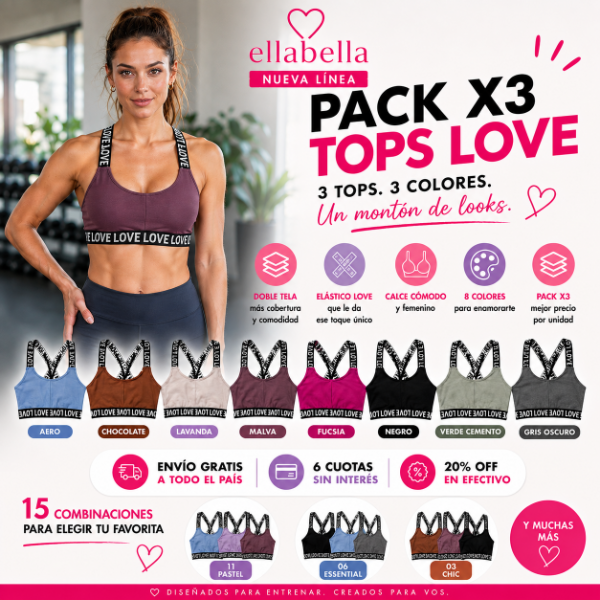 Producto - Pack x3 Tops LOVE Mujer Doble Tela + Elástico Línea Ellabella