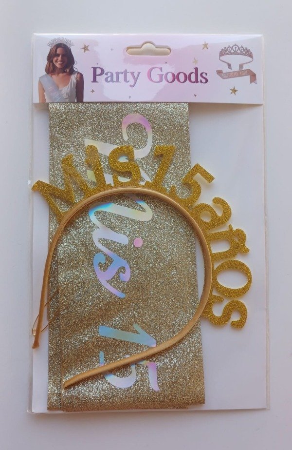 Producto - Vincha y Banda "MIS 15 AÑOS" 60cm Dorado