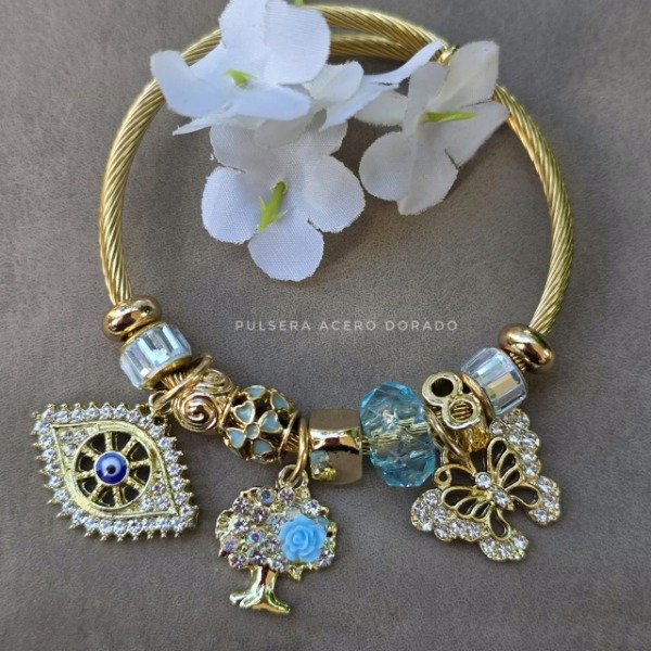 Producto - Brazalete acero dorado ojo turco árbol de la vida