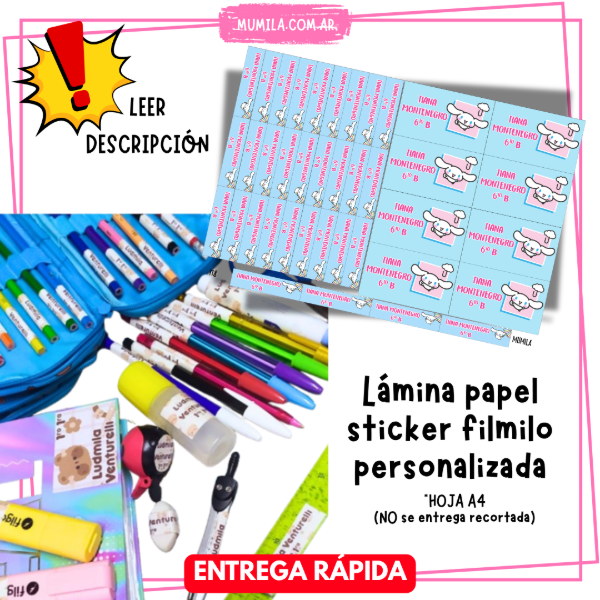 Producto - Lámina Sticker UTILES Personalizada waterproof Entrega RÁPIDA