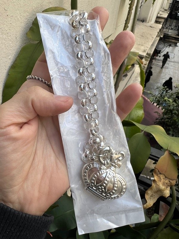 Producto - Cadena larga rolo acero blanco con dije de corona inflado