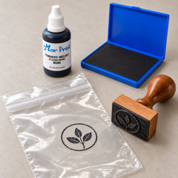 Producto - Kit sello en madera / logo con tinta permanente / indeleble de 2cm - 3cm - 4cm