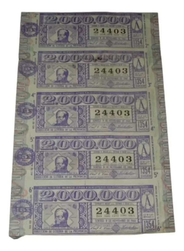 Producto - Billete Loteria Provincia de Buenos Aires Tandil 1960 (usado)
