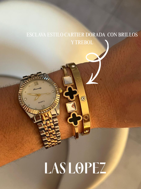 Producto - ESCLAVA ESTILO CARTIER DORADA CON BRILLOS Y TREBOL