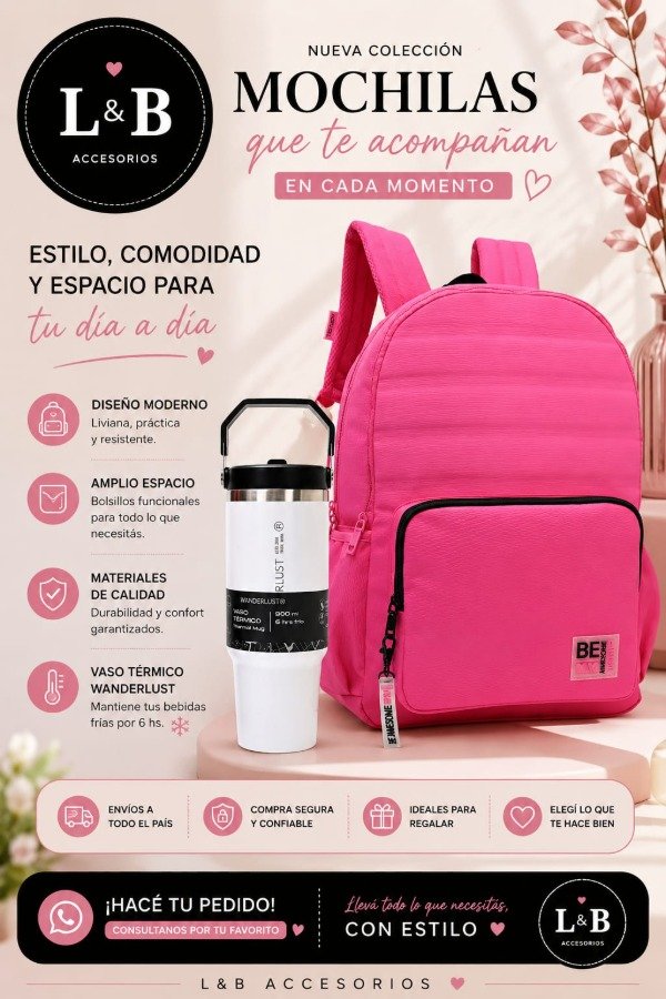 Producto - Mochila rosa trendy + Termo wanderlust 900 cm3