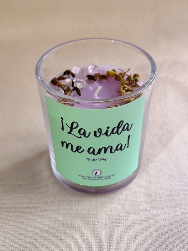 Producto - VELA "LA VIDA ME AMA!" - Con cuarzo cristal y ojo de tigre. 250ml - 0