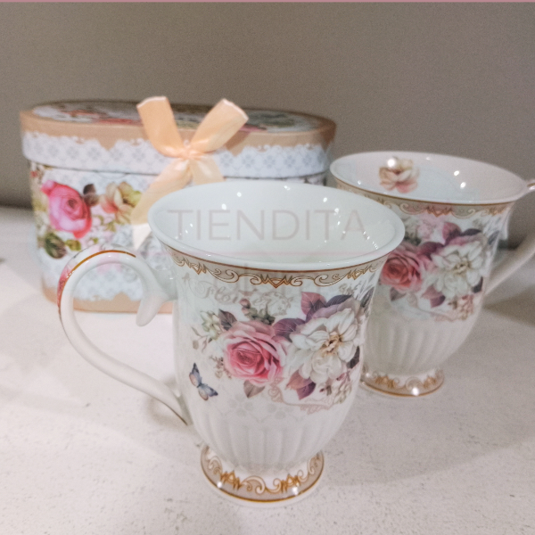Producto - SET X 2 TAZAS DE PORCELANA VINTAGE BEIGE CON CAJA - 1