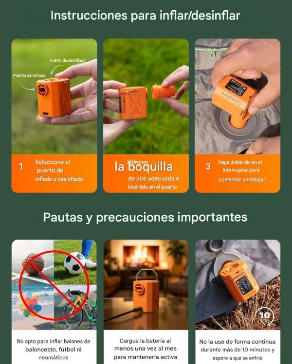 Producto - Mini Inflador Eléctrico Recargable Qunature  4.2kPa, Linterna y USB-C - 5